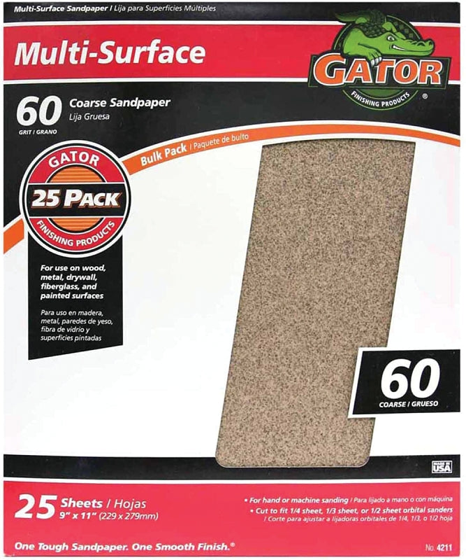 GATOR Gator 3266 Sanding Sheet, 11 in L, 9 in W, Coarse, 60 Grit, Aluminum Oxide Abrasive