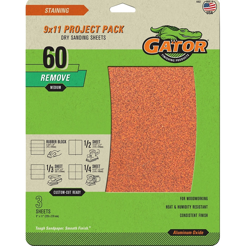 GATOR Gator 4462 Sanding Sheet, 11 in L, 9 in W, Coarse, 60 Grit, Garnet Abrasive, Paper Backing PAINT GATOR