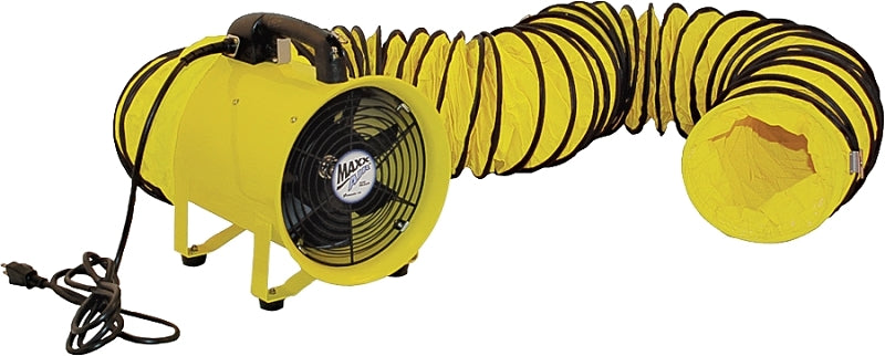 VENTAMATIC MaxxAir HVHF 12COMBO Confined Space Ventilator and Polyvinyl Hose, 120 V, 2000 cfm Air, Steel, Industrial Yellow