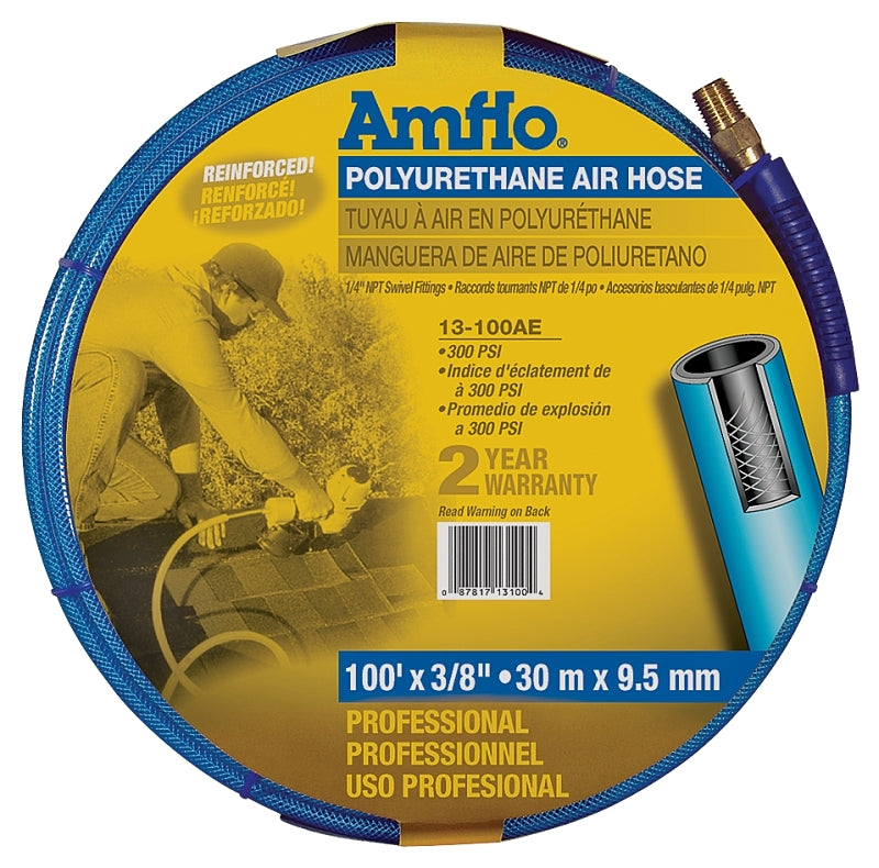 AMFLO Amflo 13-100AE Air Hose, 3/8 in OD, 100 ft L, MNPT, 300 psi Pressure, Polyurethane, Blue