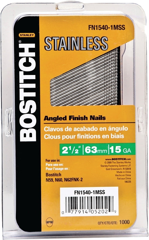 BOSTITCH Bostitch FN1540-1MSS Finish Nail, 2-1/2 in L, 15 Gauge, Stainless Steel, Coated, Round Head, Smooth Shank