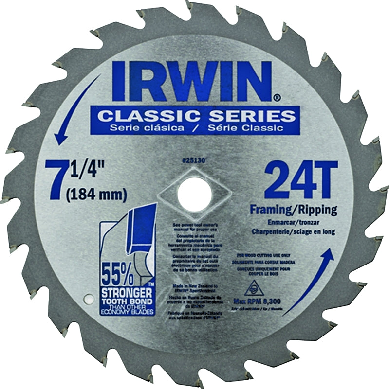 IRWIN Irwin 25130 Circular Saw Blade, 7-1/4 in Dia, 5/8 in Arbor, 24-Teeth, Carbide Cutting Edge, Applicable Materials: Wood TOOLS IRWIN