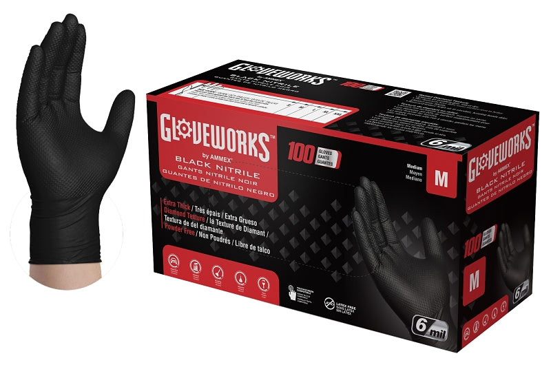 AMMEX Gloveworks GWBN44100 Heavy-Duty Disposable Gloves, M, Nitrile, Powder-Free, Black, 9-1/2 in L