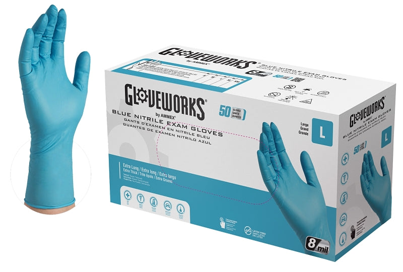 AMMEX Gloveworks GPNHD66100 Non-Sterile Disposable Gloves, L, Nitrile, Powder-Free, Blue, 300 mm L
