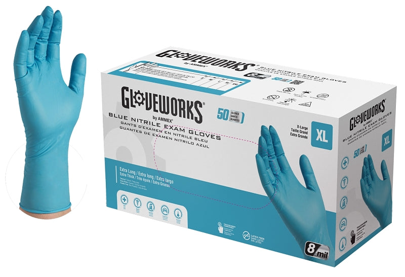 AMMEX Gloveworks GPNHD68100 Non-Sterile Disposable Gloves, XL, Nitrile, Powder-Free, Blue, 300 mm L