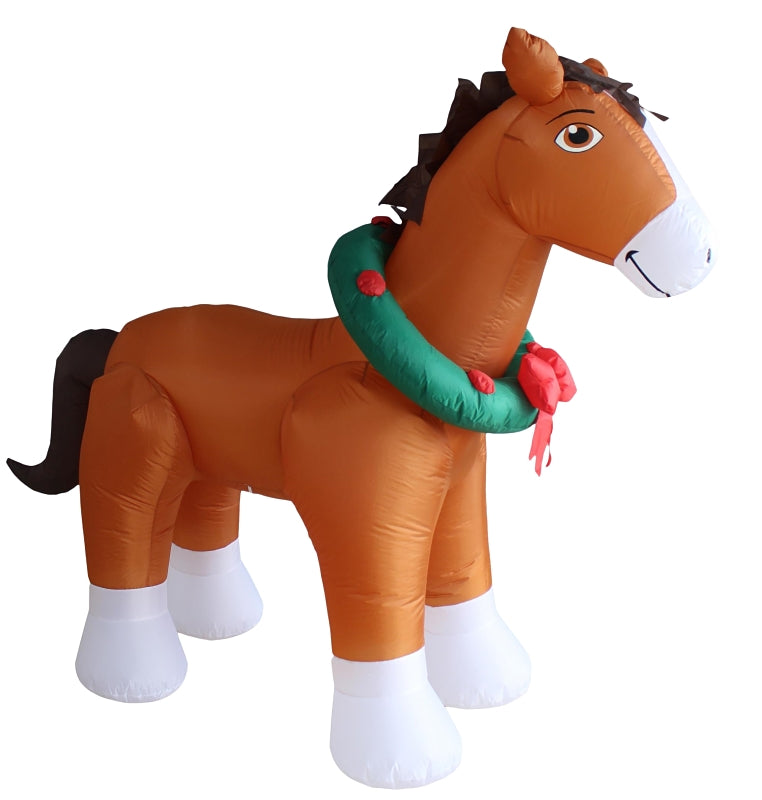 SANTAS FOREST Santas Forest 90815 Inflatable Horse with Wreath, 6 ft H, Polyester, Brown