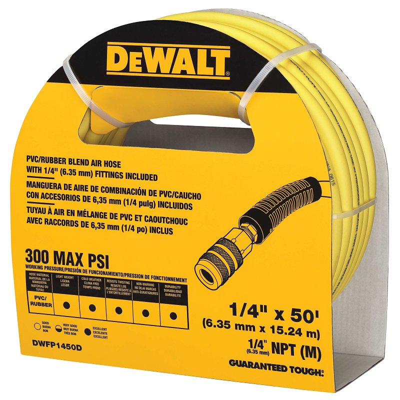 DEWALT DEWALT DWFP1450D Air Hose, 1/4 in OD, 50 ft L, 300 psi Pressure, Polymer, Yellow TOOLS DEWALT