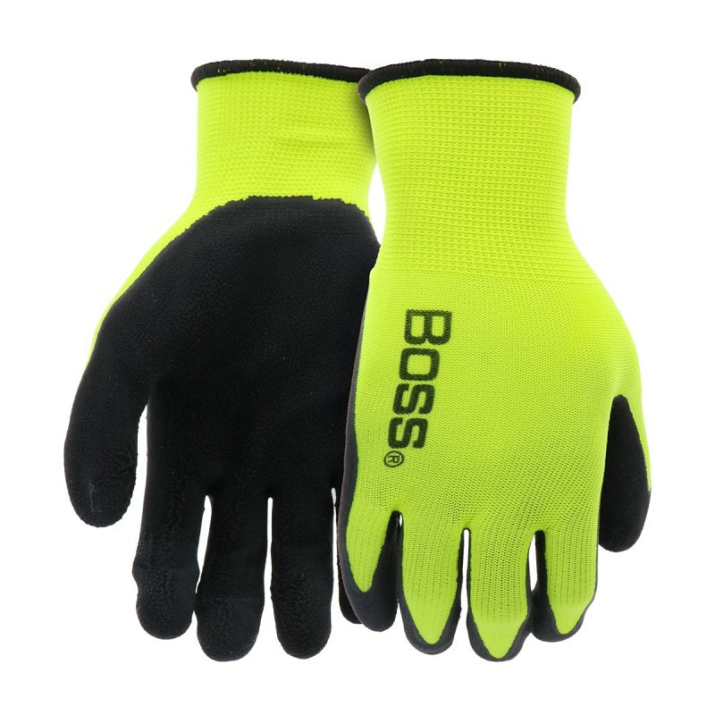 BOSS MFG Boss Tactile Grip Series B31282-M Coated Gloves, M, Knit Wrist Cuff, Latex Coating, Polyester, Black/Hi-Viz Yellow