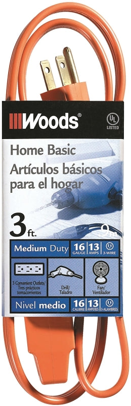 WOODS CCI 0814 Extension Cord, 16 AWG Cable, 3 ft L, 13 A, 125 V, Orange