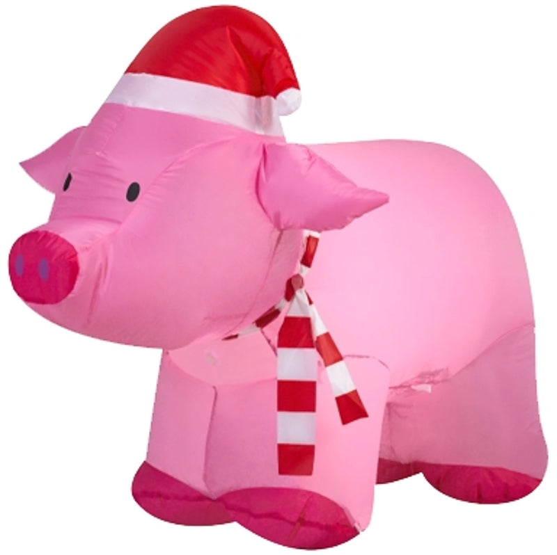 SANTAS FOREST Santas Forest 90813 Inflatable Pig with Santa Hat, 4 ft H, Polyester, Pink