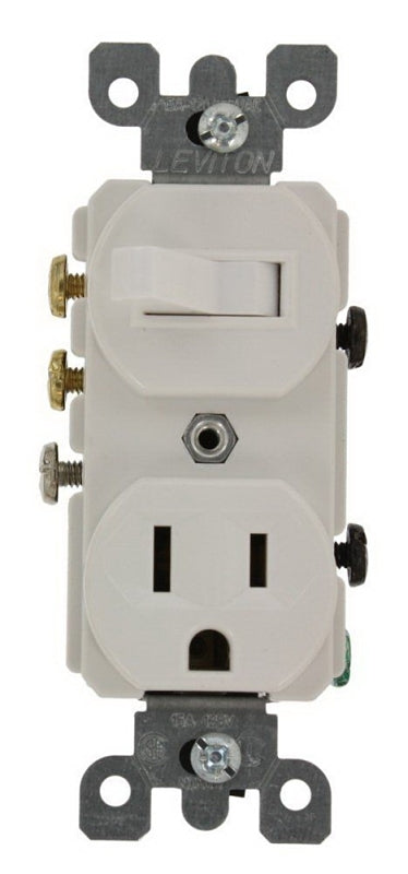 LEVITON Leviton 032-05245-00W Combination Switch/Receptacle, 1-Pole, 15 A, 120 V Switch, 125 V Receptacle, White, Flush Mount