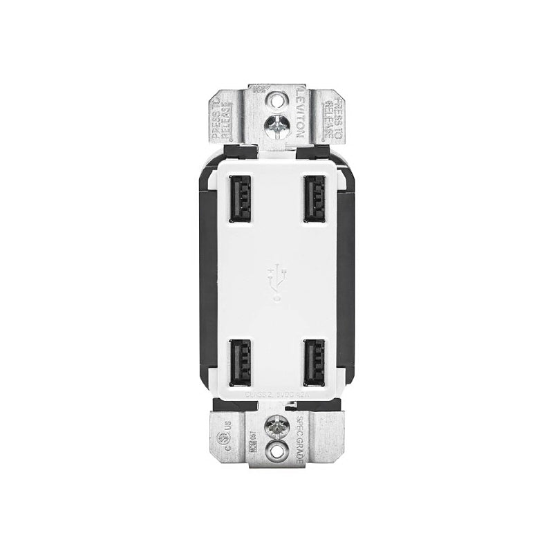 LEVITON Leviton R02-USB4P-0BW USB Charger, 4 -Pole, 4.2 A, 125 V, 4 -USB Port, Type A USB, White ELECTRICAL LEVITON