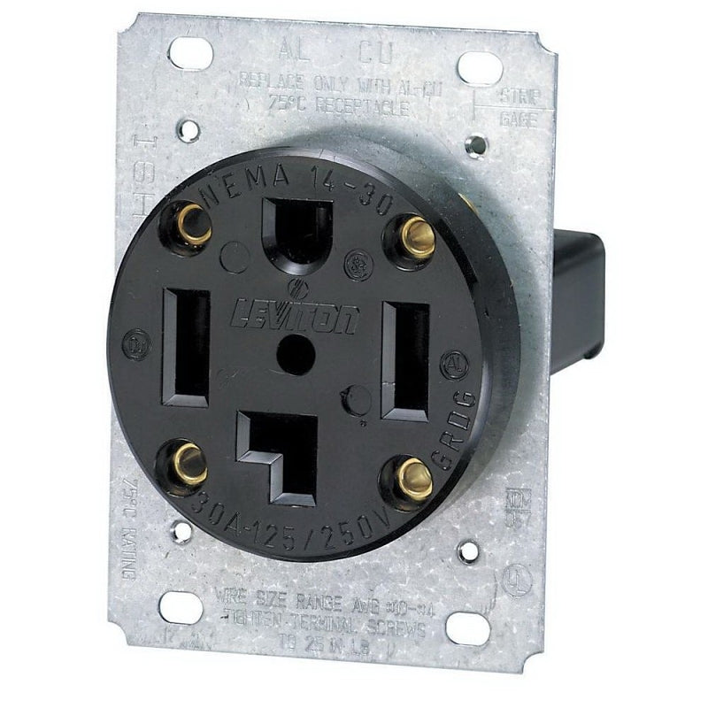 LEVITON Leviton R10-00278-S00 Electrical Receptacle, Flush Mounting, 3-Pole, 125/250 V, 30 A, NEMA: NEMA 14-30R, Black