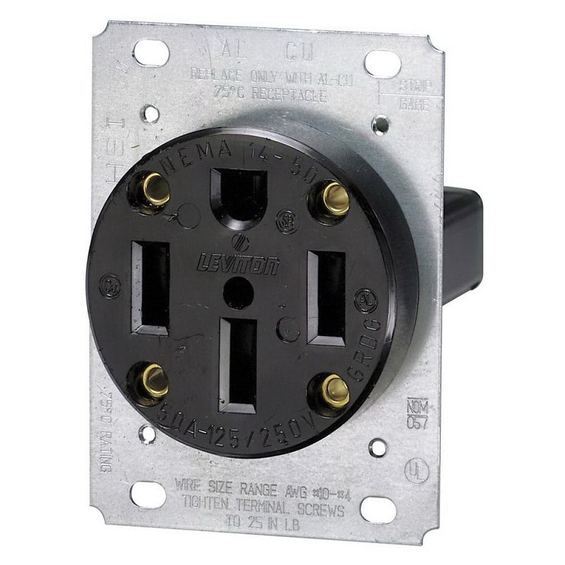 LEVITON Leviton R10-00279-S00 Electrical Receptacle, Flush Mounting, 3-Pole, 125/250 V, 50 A, NEMA: NEMA 14-50R, Black