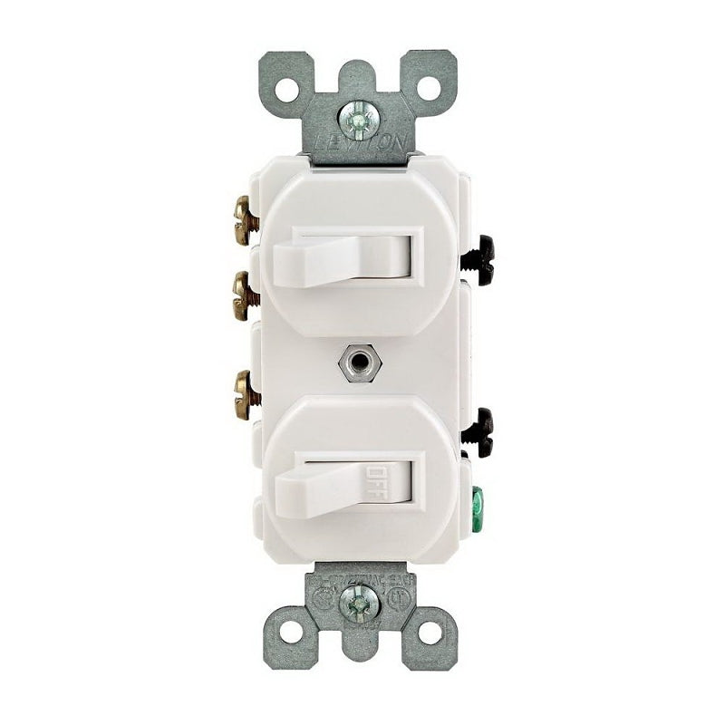 LEVITON Leviton Traditional R62-05241-0WS Duplex Toggle Switch, 15 A, 120/277 V, Lead Wire Terminal, White