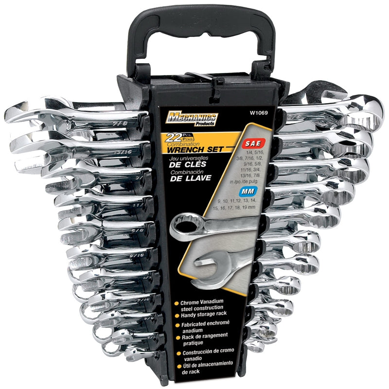 WILMAR Wilmar W1069 Wrench Set with Rack, 22-Piece, Steel, Polished Chrome, Specifications: SAE, Metric Measurement TOOLS WILMAR