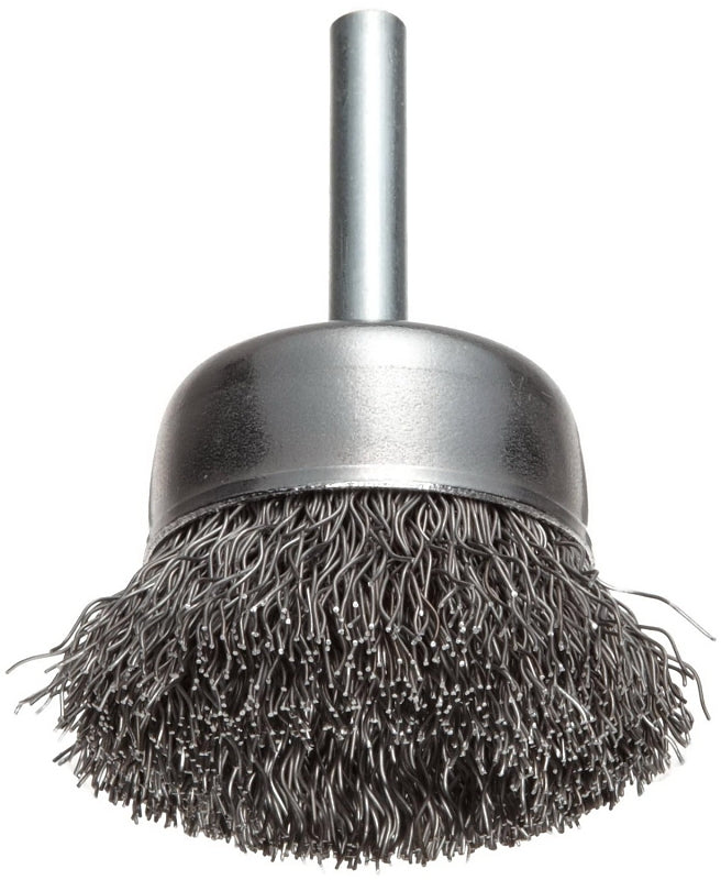 WEILER Weiler 36029 Wire Cup Brush, 2 in Dia, 1/4 in Arbor/Shank, 0.014 in Dia Bristle, 5/8 in L Bristle Trim