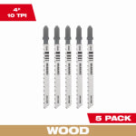 MILWAUKEE ELECTRIC TOOL CORP Wood Jig Saw Blades, T Shank, High Carbon Steel, 10 TPI, 4 In., 5-Pk. TOOLS MILWAUKEE ELECTRIC TOOL CORP