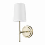 GLOBE ELECTRIC Wall Sconce, Matte Brass, White Fabric Shade, 14 In.