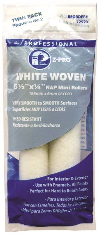 PREMIER PAINT ROLLER Premier 72520 Mini Roller Cover, 1/4 in Thick Nap, 6-1/2 in L, Fabric Cover, White PAINT PREMIER PAINT ROLLER   