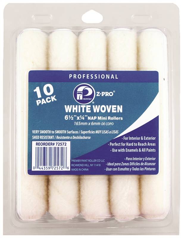 PREMIER PAINT ROLLER Premier 72572 Mini Roller Cover, 1/4 in Thick Nap, 6-1/2 in L, Woven Fabric Cover, White PAINT PREMIER PAINT ROLLER   