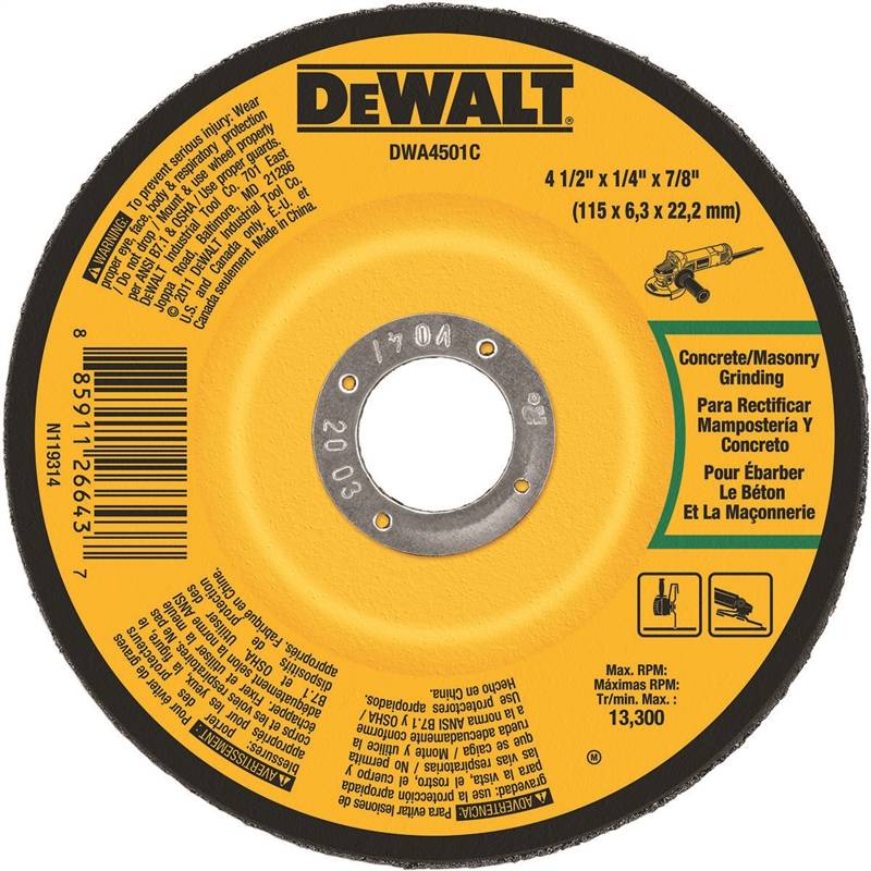 DEWALT DeWALT DWA4501C Grinding Wheel, 4-1/2 in Dia, 1/4 in Thick, 7/8 in Arbor, 24 Grit, Aluminum Oxide Abrasive TOOLS DEWALT   