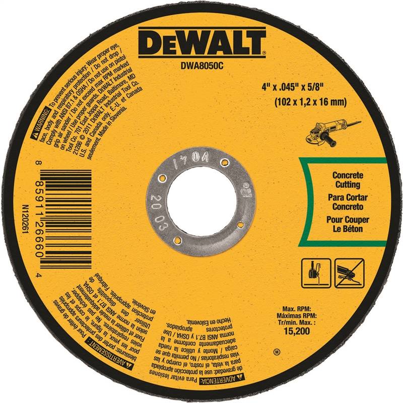 DEWALT DeWALT DWA8050C Cutting Wheel, 4 in Dia, 0.045 in Thick, 5/8 in Arbor, Aluminum Oxide Abrasive TOOLS DEWALT   