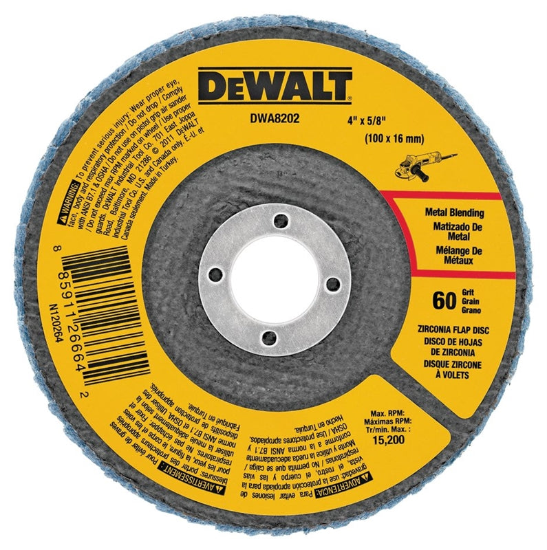 DEWALT DeWALT DWA8202 Flap Disc, 4 in Dia, 5/8 in Arbor, Coated, 60 Grit, Medium, Zirconium Oxide Abrasive TOOLS DEWALT   
