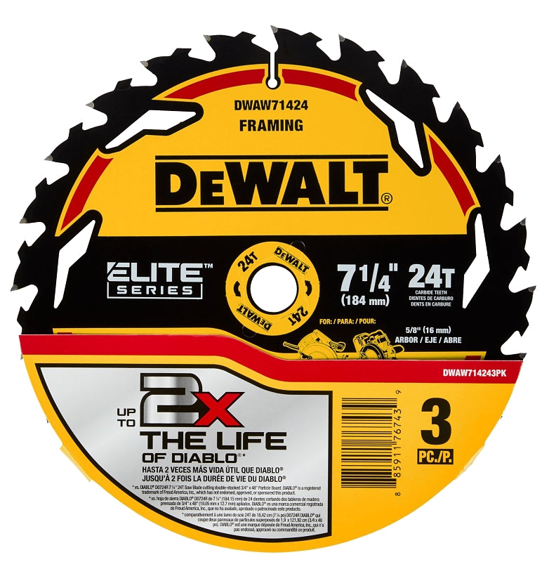 DEWALT DEWALT ELITE Series DWAW714243PK Circular Saw Blade, 7-1/4 in Dia, 5/8 in Arbor, 24-Teeth, 3/PK TOOLS DEWALT