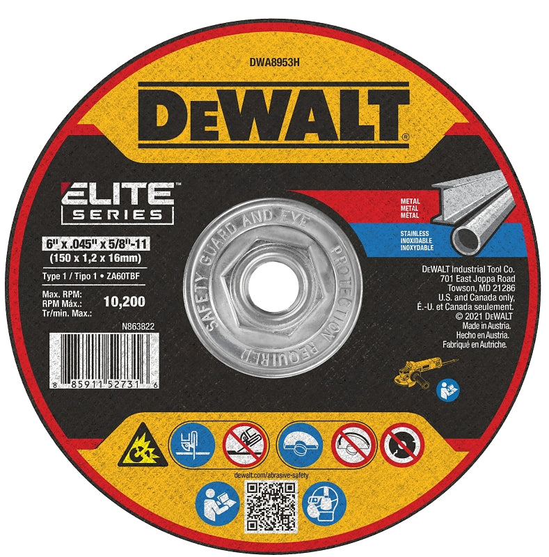 DEWALT DEWALT ELITE Series DWA8953H Cutting Wheel, 6 in Dia, 0.045 in Thick, 5/8-11 Arbor, 46 Grit, Ceramic Abrasive TOOLS DEWALT