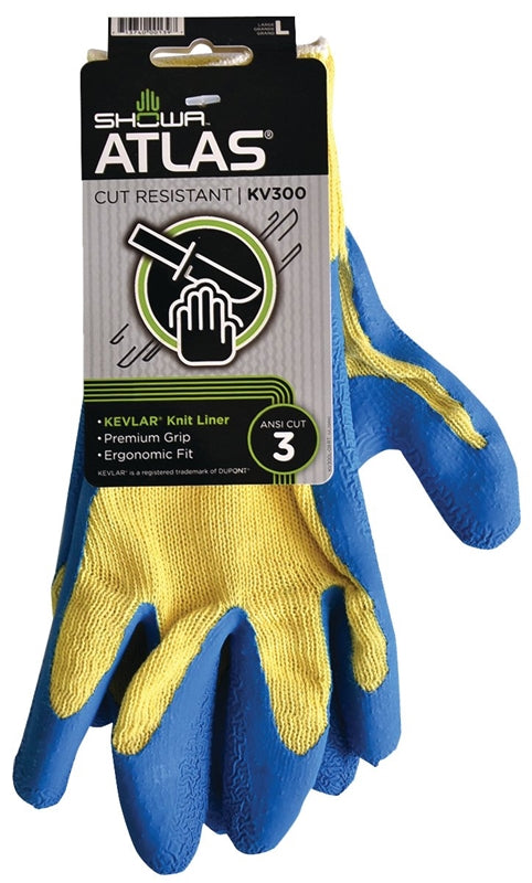 SHOWA Atlas KV300L-09.RT Coated Gloves, L, Knit Wrist Cuff, Blue/Yellow