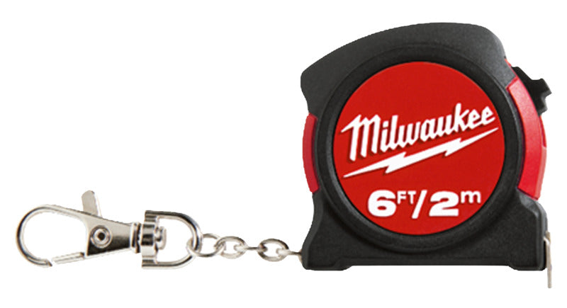 MILWAUKEE Milwaukee 48-22-5506 Keychain Tape Measure, 6 ft L Blade, 13 mm W Blade, Steel Blade, ABS Case, Black/Red Case TOOLS MILWAUKEE   