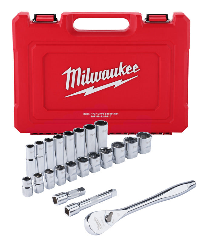 MILWAUKEE Milwaukee 48-22-9410 Ratchet and Socket Set, Alloy Steel, Specifications: 1/2 in Drive Size, SAE Measurement TOOLS MILWAUKEE   