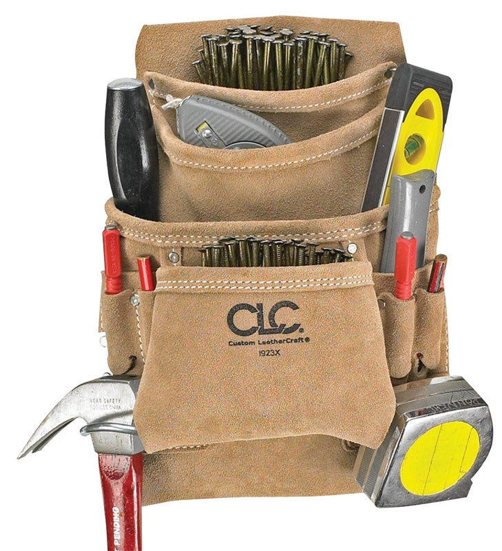 CUSTOM LEATHERCRAFT CLC Tool Works Series I923X Nail and Tool Bag, 10-Pocket, Suede Leather, Tan, 20-1/2 in W, 12 in H TOOLS CUSTOM LEATHERCRAFT   