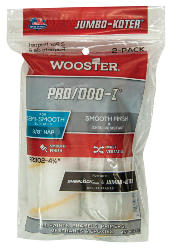 WOOSTER BRUSH Wooster RR302-4.5 Roller Cover, 3/8 in Thick Nap, 4-1/2 in L, Fabric Cover, White PAINT WOOSTER BRUSH   