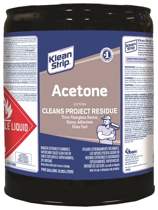 KLEAN STRIP Klean Strip CAC18 Acetone Thinner, Liquid, Characteristic Ketone, Sweet Pungent, Clear, 5 gal, Can