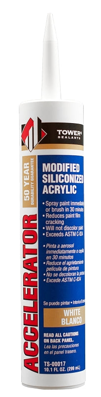 TOWER SEALANTS Tower Sealants ACCELERATOR TS-00017 Acrylic Silicone Sealant, White, 7 to 14 days Curing, 40 deg F, 10.5 fl-oz PAINT TOWER SEALANTS   