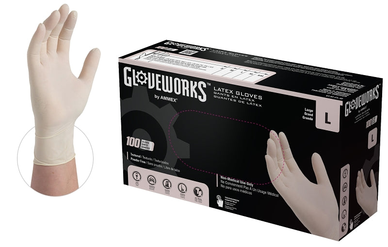 AMMEX Gloveworks TLF46100 Disposable Gloves, L, Latex, Powder-Free, Ivory, 14.37 in L