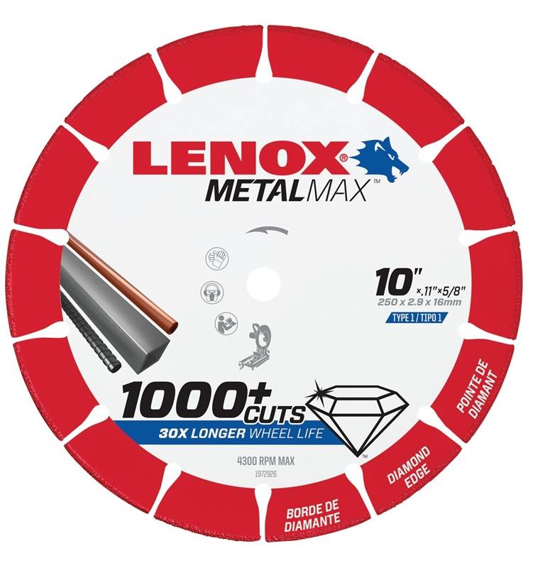 LENOX Lenox MetalMax 1972926 Cut-Off Wheel, 10 in Dia, 0.1 in Thick, 5/8 in Arbor, 25, 30 Grit, Diamond Abrasive TOOLS LENOX