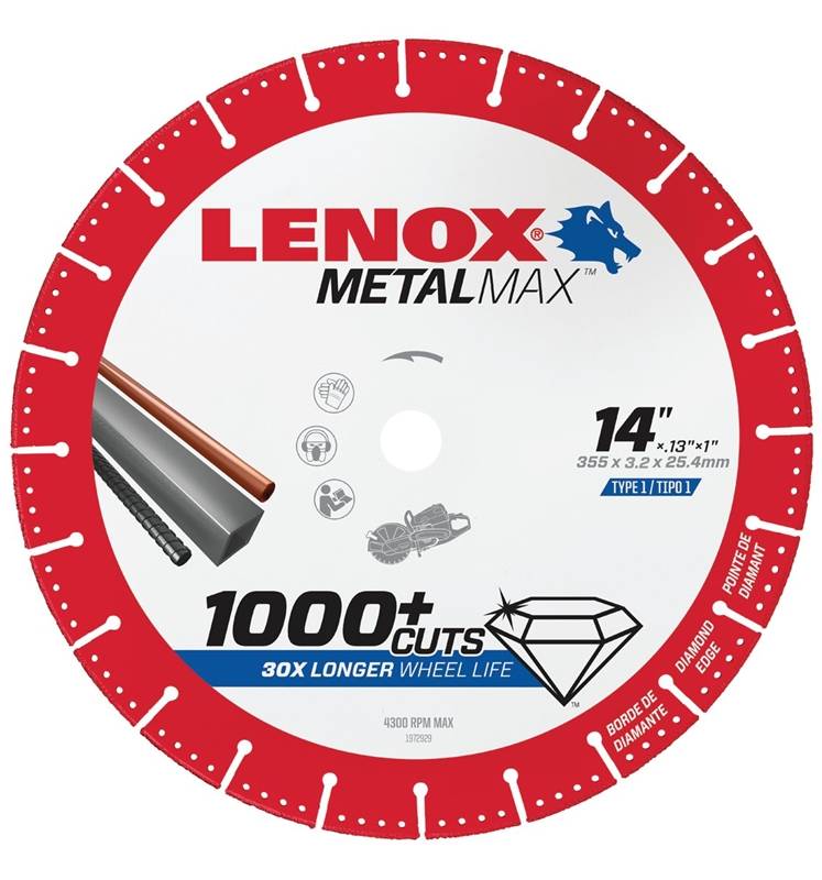 LENOX Lenox MetalMax 1972932 Cut-Off Wheel, 14 in Dia, 5/32 in Thick, 1 in Arbor, 25, 30 Grit, Diamond Abrasive TOOLS LENOX