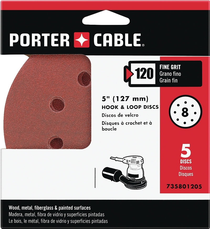 PORTER-CABLE Porter-Cable 735801205 Sanding Disc, 5 in Dia, 120 Grit, Fine, Aluminum Oxide Abrasive, 8-Hole PAINT PORTER-CABLE