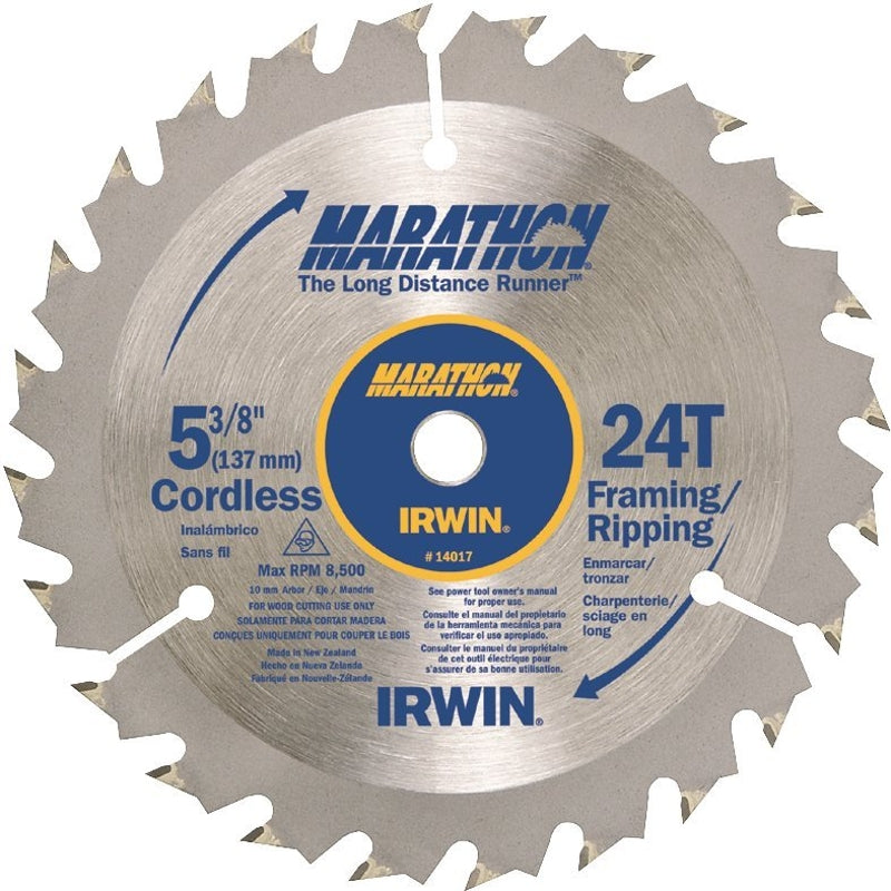 IRWIN Irwin Marathon 14017 Circular Saw Blade, 5-3/8 in Dia, 0.39 in Arbor, 24-Teeth, Carbide Cutting Edge TOOLS IRWIN