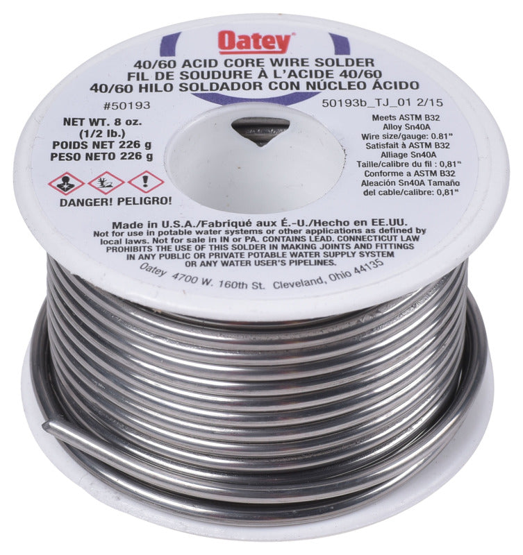 OATEY Oatey 50193 Acid Core Wire Solder, 1/2 lb, Solid, Silver, 360 to 460 deg F Melting Point