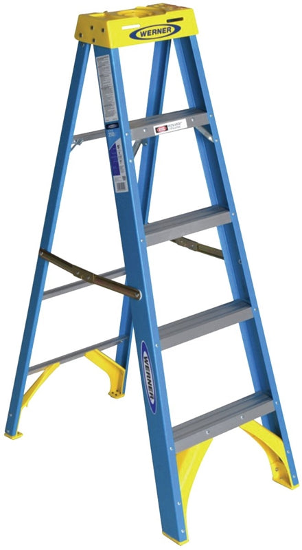 WERNER WERNER 6005 Step Ladder, 9 ft Max Reach H, 4-Step, 250 lb, Type I Duty Rating, 3 in D Step, Fiberglass, Blue PAINT WERNER   