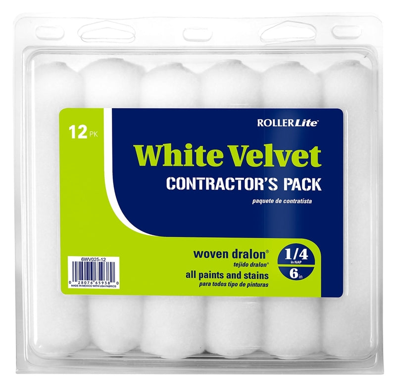 ROLLERLITE RollerLite White Velvet 6WV025-12 Mini Roller Cover, 1/4 in Thick Nap, 6 in L, Woven Fabric Cover, White PAINT ROLLERLITE   