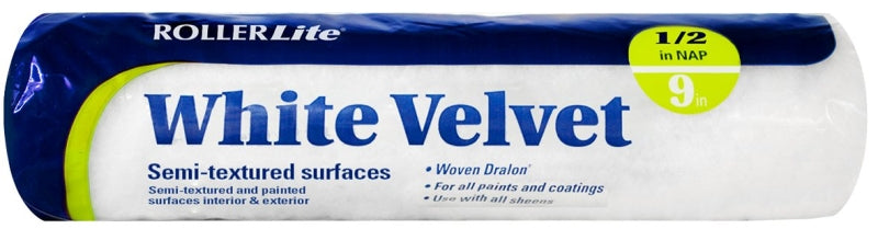 ROLLERLITE RollerLite White Velvet 9WV050 Roller Cover, 1/2 in Thick Nap, 9 in L, Dralon Fabric Cover, White PAINT ROLLERLITE   