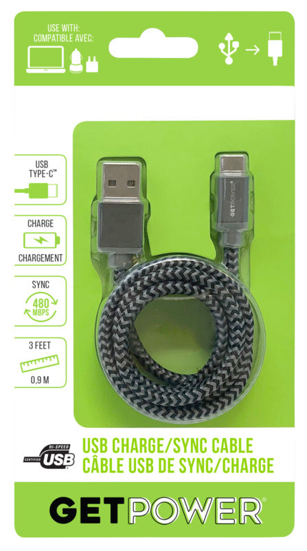 GET POWER GetPower GP-USB-BRC Charge and Sync Cable, USB 2.0 A, USB-C, 3 ft L ELECTRICAL GET POWER