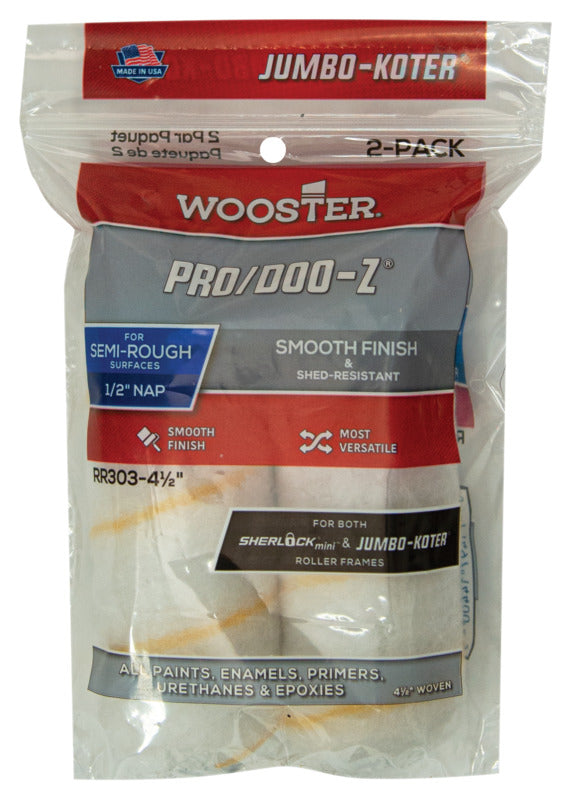 WOOSTER BRUSH Wooster RR303-4 1/2 Roller Cover, 1/2 in Thick Nap, 4-1/2 in L, Fabric Cover, White PAINT WOOSTER BRUSH   