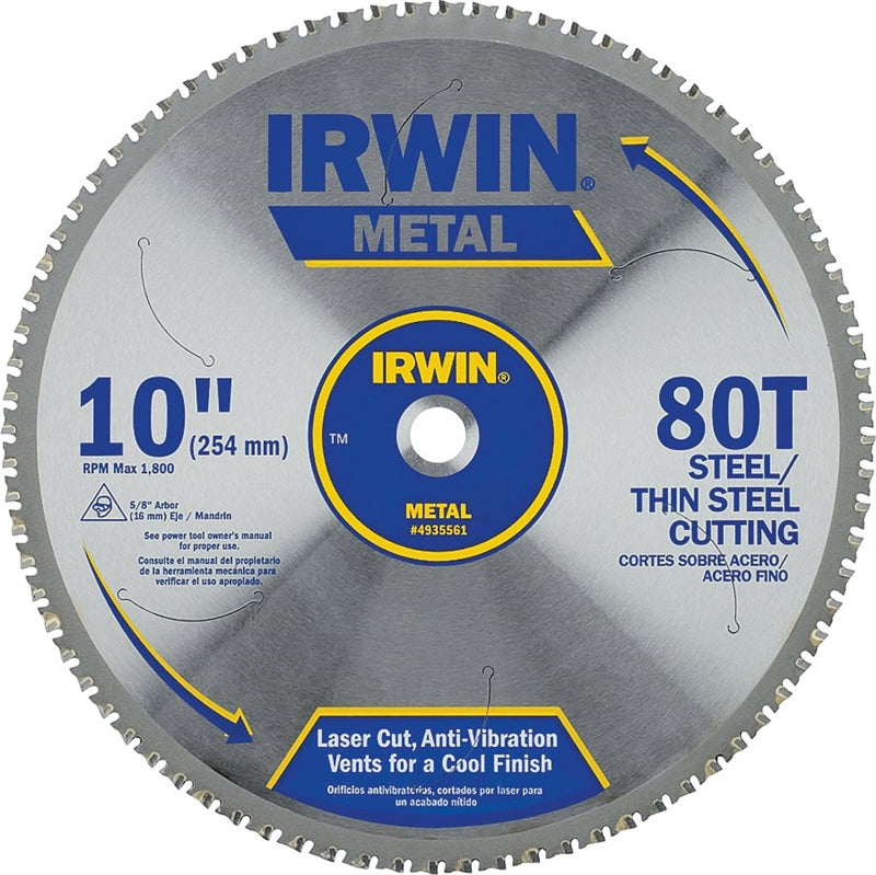 IRWIN Irwin 4935561 Blade, 10 in Dia, 5/8 in Arbor, 80-Teeth, Carbide Cutting Edge, Applicable Materials: Metal, Thin Steel TOOLS IRWIN