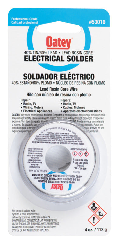 OATEY Oatey 53016 Rosin Core Wire Solder, 1/4 lb Carded, Solid, Silver, 361 to 460 deg F Melting Point TOOLS OATEY